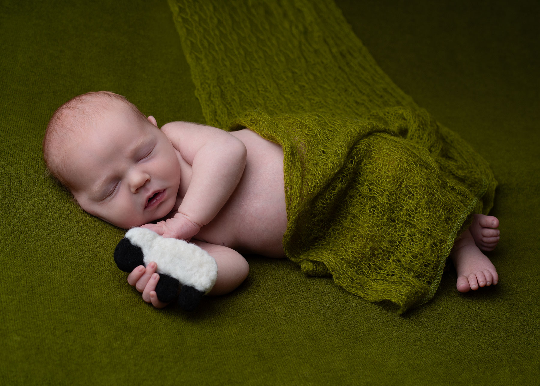Baby boy holding a felt sheep captured by Ceredigion newborn photographer